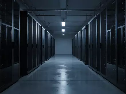 Ein modern gestalteter, minimalistischer Serverraum mit symmetrischen Metallschränken und kühler blauer Beleuchtung. - Foto: über boerse-global.de