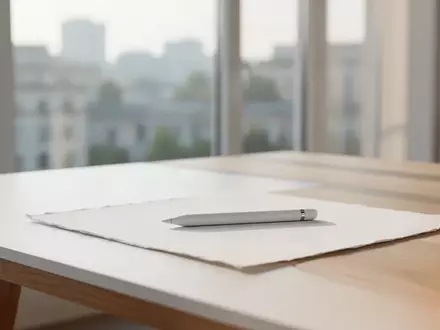 Ein minimalistischer, heller Arbeitsplatz mit einem digitalen Eingabestift auf hochwertigem Papier in einer ruhigen Umgebung. - Foto: über boerse-global.de