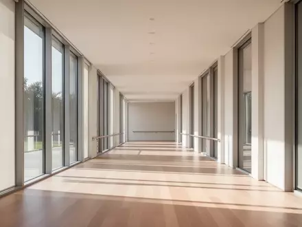 Ein heller, barrierefreier Flur in einem modernen Gebäude mit großen Fensterfronten und minimalistischem Design. - Foto: über boerse-global.de