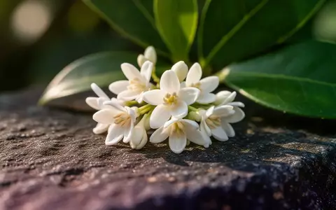 Nahaufnahme von zarten, weißen Osmanthus fragrans Blüten auf einer dunklen Steinoberfläche bei natürlichem Licht. - Foto: über boerse-global.de