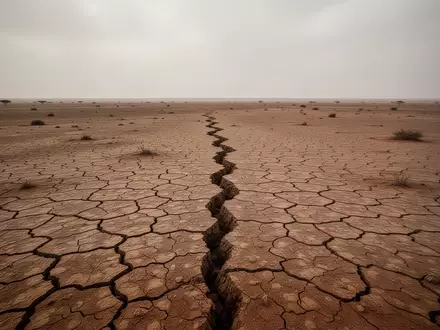 Eine weitläufige, ausgetrocknete und rissige Erdoberfläche in einer somalischen Wüstenlandschaft unter bewölktem Himmel. - Foto: über boerse-global.de