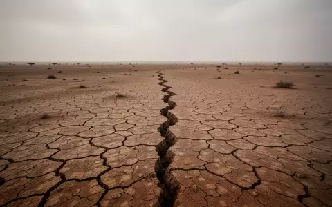 Eine weitläufige, ausgetrocknete und rissige Erdoberfläche in einer somalischen Wüstenlandschaft unter bewölktem Himmel. - Foto: über boerse-global.de