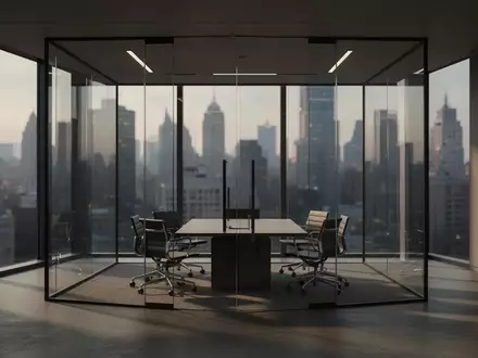 Ein modernes, leeres Büro mit Glaswänden und Blick auf eine verschwommene nächtliche Stadtlandschaft. - Foto: über boerse-global.de