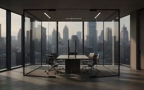 Ein modernes, leeres Büro mit Glaswänden und Blick auf eine verschwommene nächtliche Stadtlandschaft. - Foto: über boerse-global.de