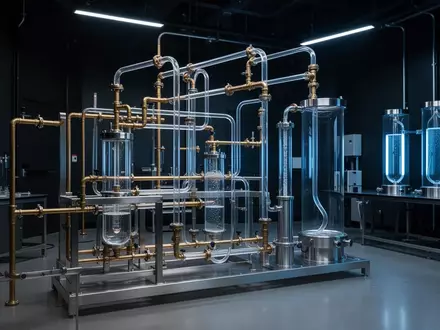 Ein technisches Labor mit einer komplexen Flüssigkühlanlage aus glänzenden Metallrohren und gläsernen Kühlbehältern. - Foto: über boerse-global.de