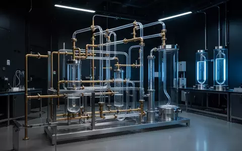 Ein technisches Labor mit einer komplexen Flüssigkühlanlage aus glänzenden Metallrohren und gläsernen Kühlbehältern. - Foto: über boerse-global.de