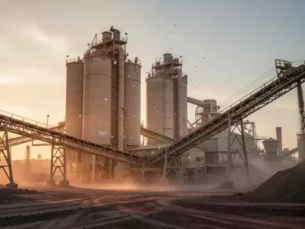Industrielle Zementanlage bei Sonnenaufgang mit großen Silos und Förderanlagen. - Foto: über boerse-global.de