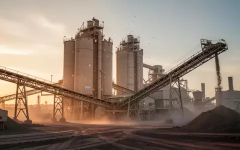 Industrielle Zementanlage bei Sonnenaufgang mit großen Silos und Förderanlagen. - Foto: über boerse-global.de