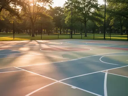 Ein leerer, gepflegter Sportplatz im Freien bei goldenem Licht, umgeben von einer grünen Parklandschaft. - Foto: über boerse-global.de
