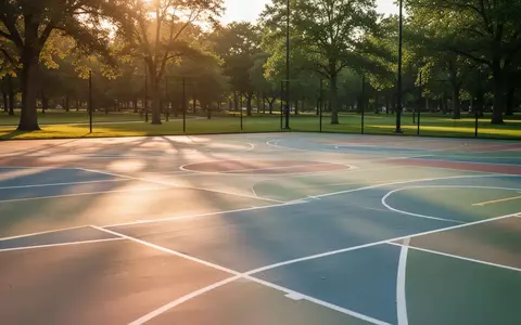 Ein leerer, gepflegter Sportplatz im Freien bei goldenem Licht, umgeben von einer grünen Parklandschaft. - Foto: über boerse-global.de