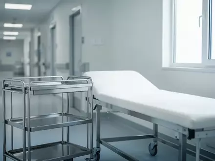 Ein heller, steriler Behandlungsraum in einer Klinik mit einer Untersuchungsliege und einem Metallwagen vor einer neutralen Wand. - Foto: über boerse-global.de