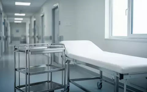 Ein heller, steriler Behandlungsraum in einer Klinik mit einer Untersuchungsliege und einem Metallwagen vor einer neutralen Wand. - Foto: über boerse-global.de