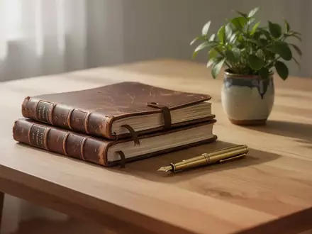 Ein minimalistischer Holztisch mit Notizbüchern, einem Füllfederhalter und einer kleinen Pflanze in natürlichem Licht. - Foto: über boerse-global.de