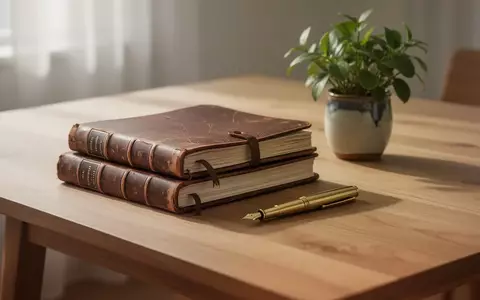 Ein minimalistischer Holztisch mit Notizbüchern, einem Füllfederhalter und einer kleinen Pflanze in natürlichem Licht. - Foto: über boerse-global.de