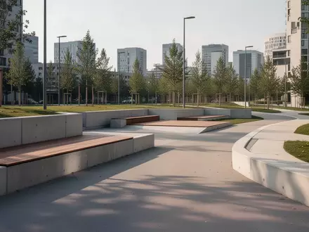 Ein minimalistisch gestalteter öffentlicher Park mit niedrigen Betonmauern und Holzplattformen bei Tageslicht. - Foto: über boerse-global.de