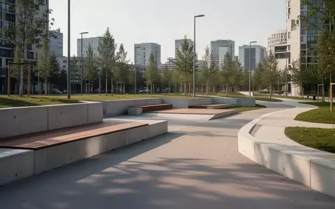 Ein minimalistisch gestalteter öffentlicher Park mit niedrigen Betonmauern und Holzplattformen bei Tageslicht. - Foto: über boerse-global.de