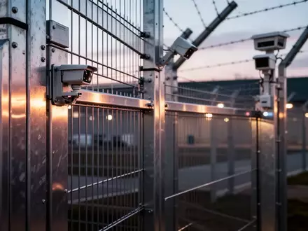 Ein technischer Sicherheitszaun mit Sensoren bei Dämmerung auf einem Industriegelände. - Foto: über boerse-global.de