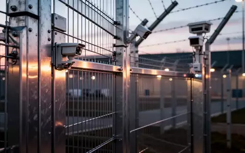 Ein technischer Sicherheitszaun mit Sensoren bei Dämmerung auf einem Industriegelände. - Foto: über boerse-global.de