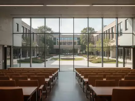 Moderner, leerer Hörsaal an einer Universität mit Blick auf einen sonnigen Innenhof. - Foto: über boerse-global.de