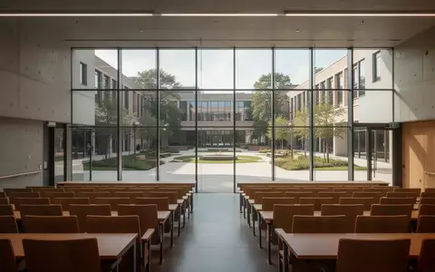 Moderner, leerer Hörsaal an einer Universität mit Blick auf einen sonnigen Innenhof. - Foto: über boerse-global.de