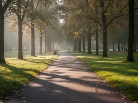 Ein sonnendurchfluteter Gehweg in einem ruhigen Park im Frühherbst, der ein gesundes Altern und Bewegung symbolisiert. - Foto: über boerse-global.de