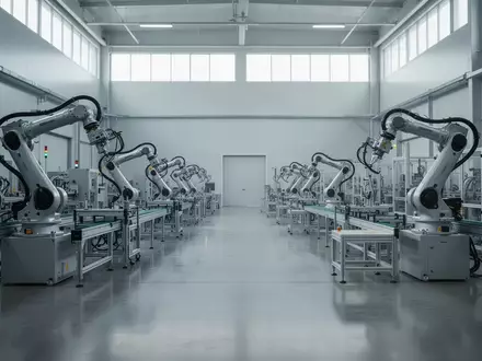 Moderne, leere Industriehalle mit automatisierten Fertigungsanlagen und mechanischen Armen in einer weitläufigen Umgebung. - Foto: über boerse-global.de