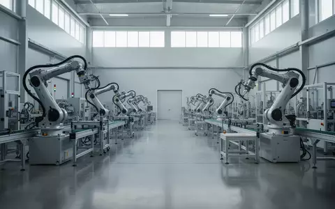 Moderne, leere Industriehalle mit automatisierten Fertigungsanlagen und mechanischen Armen in einer weitläufigen Umgebung. - Foto: über boerse-global.de