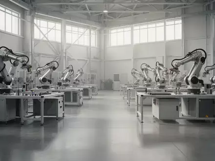 Eine moderne, minimalistische Industriehalle mit modularen Werkbänken und unbenutzten Roboterarmen in einer Fertigung. - Foto: über boerse-global.de