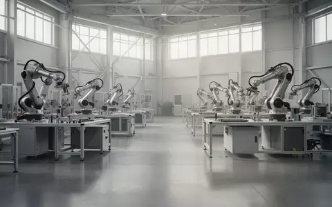 Eine moderne, minimalistische Industriehalle mit modularen Werkbänken und unbenutzten Roboterarmen in einer Fertigung. - Foto: über boerse-global.de