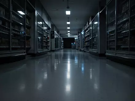 Ein leerer, schwach beleuchteter Gang in einem Einzelhandelsgeschäft bei Nacht. - Foto: über boerse-global.de