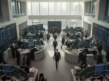 Blick auf das geschäftige Treiben an der Tokioter Börse mit verschwommenen Silhouetten von Händlern. - Foto: über boerse-global.de