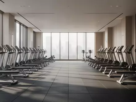 Ein heller, leerer Fitnessraum mit modernen Trainingsgeräten und großen Fensterfronten in einer minimalistischen Umgebung. - Foto: über boerse-global.de