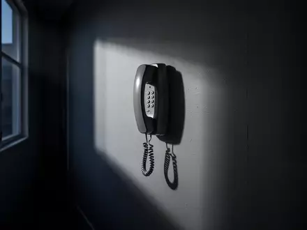 Ein analoger Telefonhörer hängt in einem schattigen, minimalistischen Flur an der Wand. - Foto: über boerse-global.de