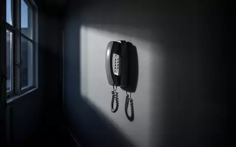 Ein analoger Telefonhörer hängt in einem schattigen, minimalistischen Flur an der Wand. - Foto: über boerse-global.de