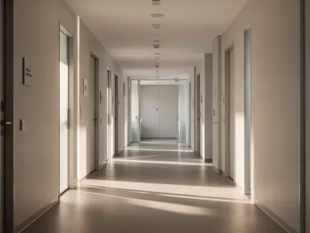 Ein heller, minimalistischer Klinikflur mit weichem Tageslicht und klaren architektonischen Linien. - Foto: über boerse-global.de