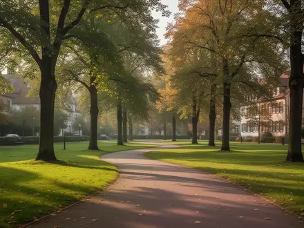 Ein sonniger, von Bäumen gesäumter Weg in einem Park, der zu Spaziergängen und Ausflügen im Freien einlädt. - Foto: über boerse-global.de