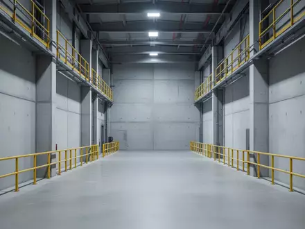 Ein leerer, minimalistischer Industriekorridor mit gelben Schutzgeländern in einem modernen Fabrikgebäude. - Foto: über boerse-global.de