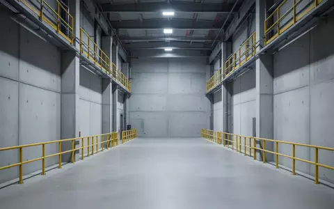Ein leerer, minimalistischer Industriekorridor mit gelben Schutzgeländern in einem modernen Fabrikgebäude. - Foto: über boerse-global.de