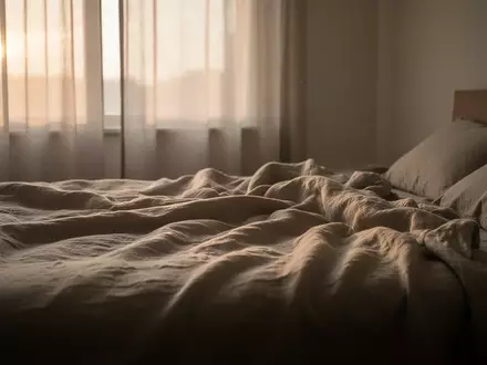Ein minimalistisches, ruhiges Schlafzimmer bei Tagesanbruch mit weichem, natürlichem Licht, das auf ein ungemachtes Bett fällt. - Foto: über boerse-global.de