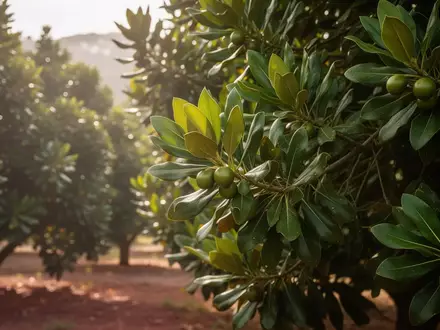 Lush green foliage of Macadamia trees in an Australian orchard under soft sunlight. - Foto: über boerse-global.de