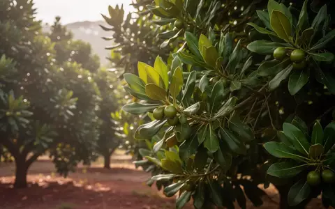 Lush green foliage of Macadamia trees in an Australian orchard under soft sunlight. - Foto: über boerse-global.de