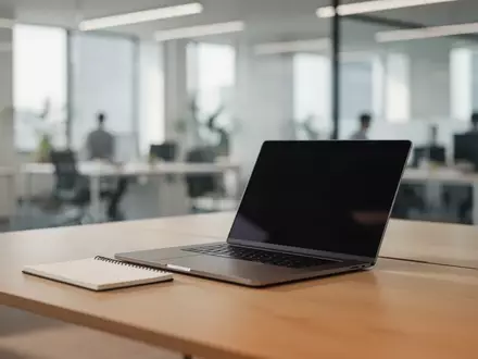 Ein minimalistischer Büroarbeitsplatz mit Laptop und Notizbuch in einer hellen, professionellen Umgebung. - Foto: über boerse-global.de