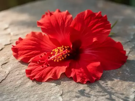 Frische, rote Hibiskusblüten auf einer strukturierten Steinoberfläche bei natürlichem Licht. - Foto: über boerse-global.de