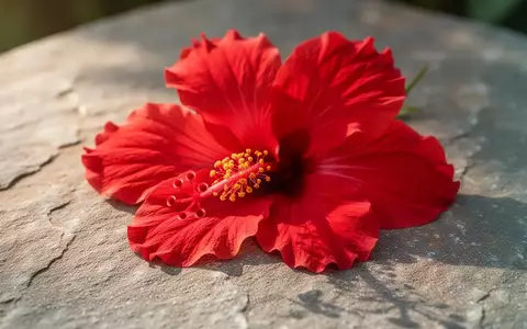 Frische, rote Hibiskusblüten auf einer strukturierten Steinoberfläche bei natürlichem Licht. - Foto: über boerse-global.de