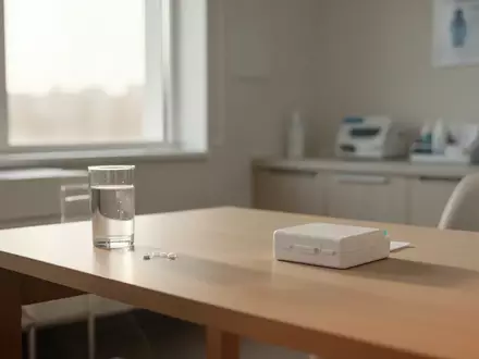 Ein minimalistischer Behandlungsraum mit einem Glas Wasser und einem schlichten Pillendosierer auf einem Holztisch. - Foto: über boerse-global.de