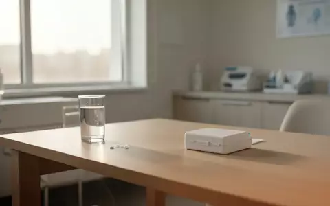Ein minimalistischer Behandlungsraum mit einem Glas Wasser und einem schlichten Pillendosierer auf einem Holztisch. - Foto: über boerse-global.de