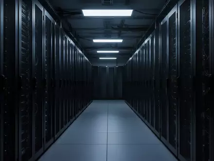 Ein leerer, düster beleuchteter Serverraum mit dunklen, inaktiven Serverschränken in einer industriellen Umgebung. - Foto: über boerse-global.de
