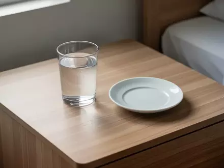 Ein leerer Nachttisch mit einem Glas Wasser in einem sonnendurchfluteten, ruhigen Raum. - Foto: über boerse-global.de