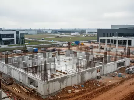 Baustelle für ein neues Forschungsgebäude mit Betonfundamenten und Stahlträgern im Innovationspark. - Foto: über boerse-global.de