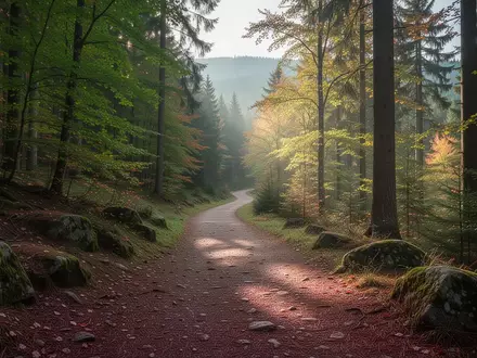 Ein naturbelassener Wanderweg im Erzgebirge, umgeben von herbstlichem Wald mit einfallendem Sonnenlicht. - Foto: über boerse-global.de